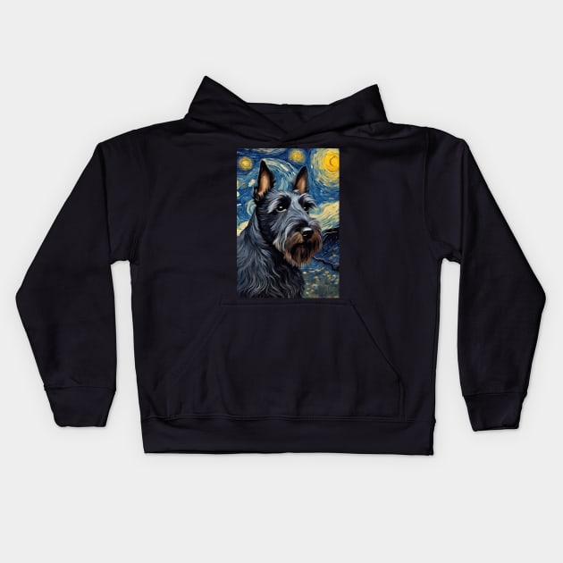 Scottish Terrier Dog Breed Painting in a Van Gogh Starry Night Art Style Kids Hoodie by Art-Jiyuu